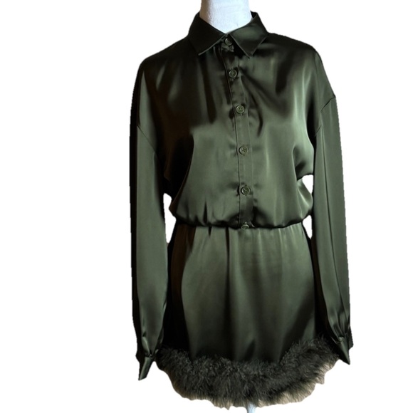 Cider Green Satin Dress with Fur Trim - Picture 3 of 8